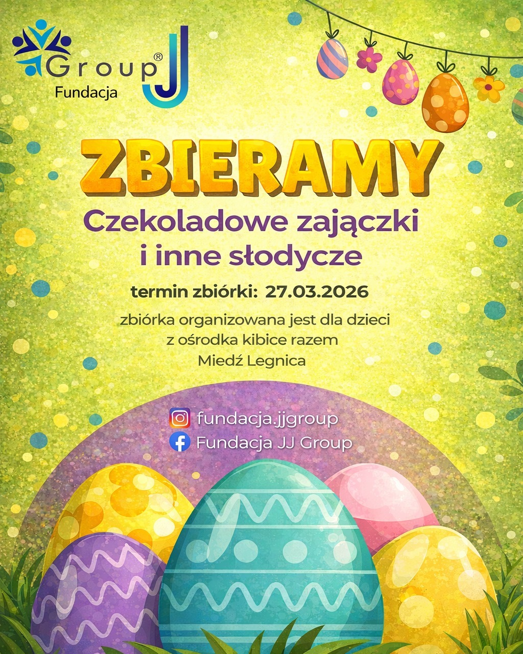 Plakat zapowiadający zbiórkę czekoladowych zajączków i słodyczy na Wielkanoc